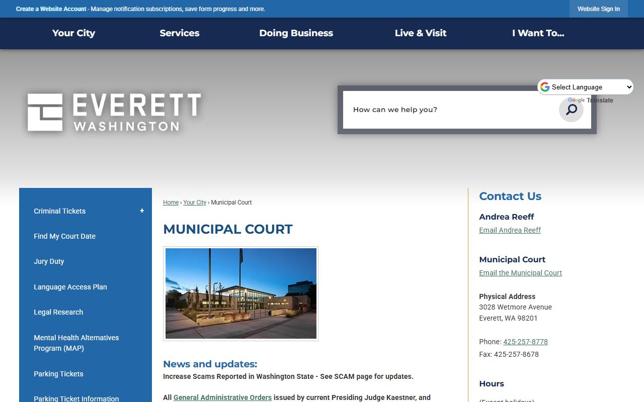 Everett Municipal Court homepage showing court docket resources and case filing information