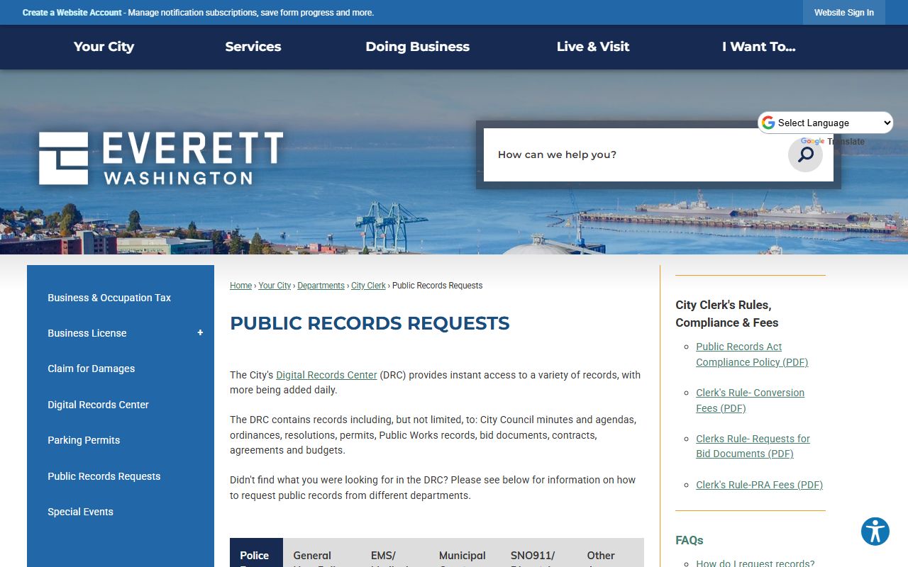 Everett public records requests portal showing categories separate from court docket filings
