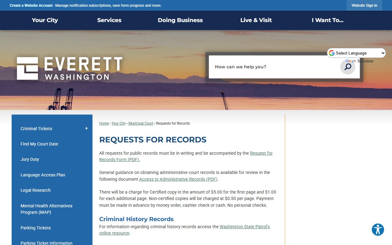 Everett records request form page for submitting public records requests separate from court dockets