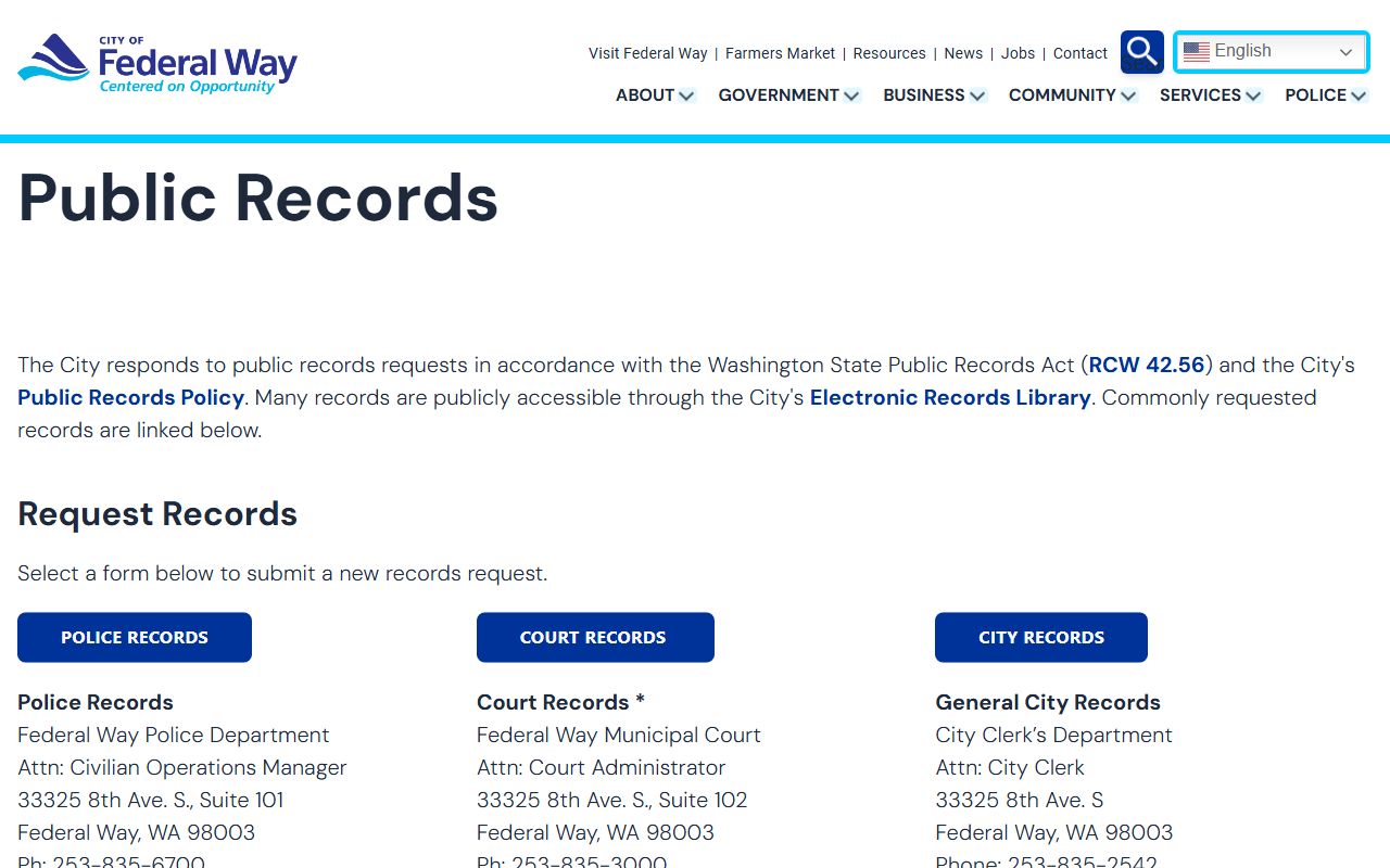 Federal Way public records page explaining court docket records access and request process