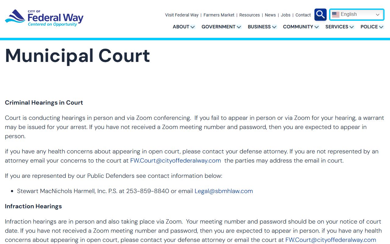 Federal Way Municipal Court homepage showing court docket access and hearing information