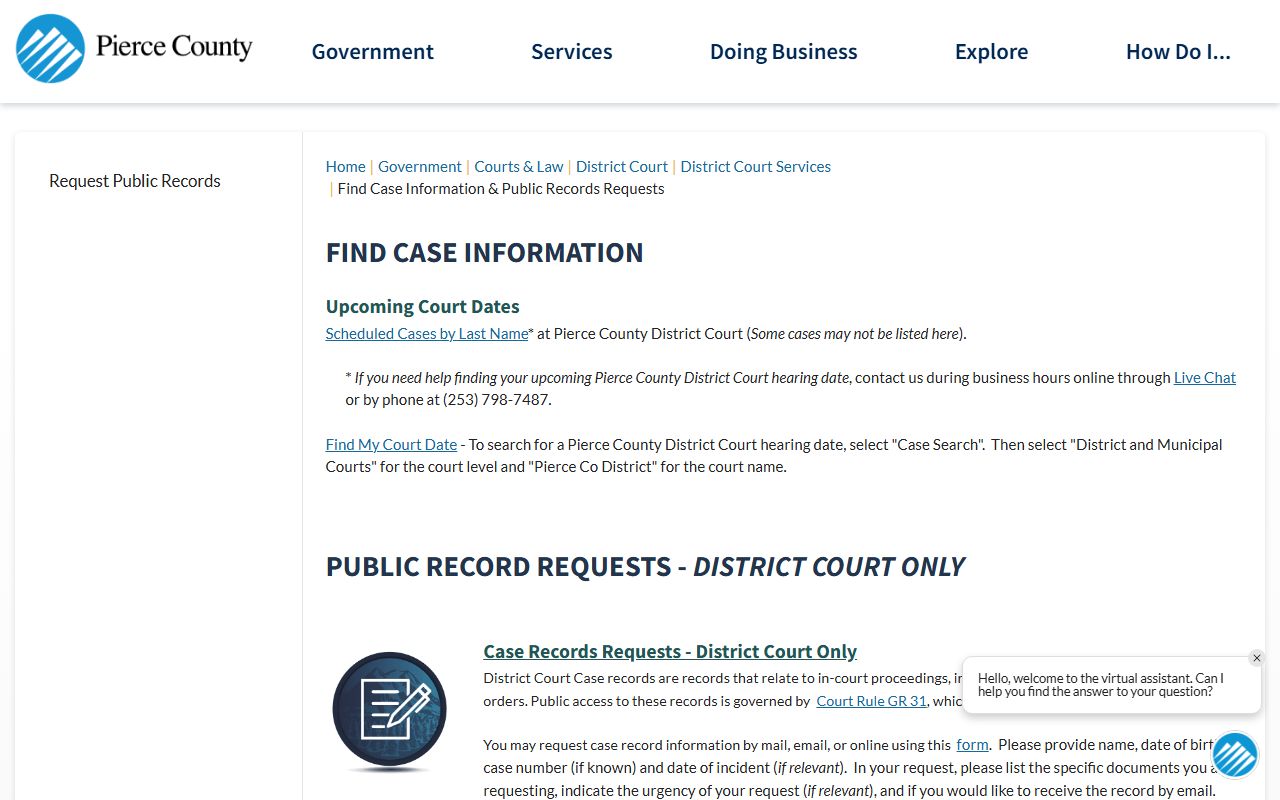Pierce County District Court records request page for Frederickson court docket cases