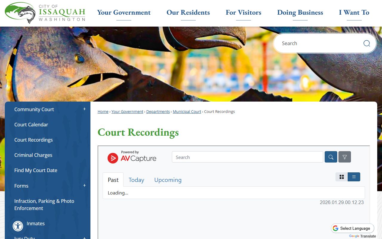 Issaquah court recordings page showing free online access to court docket hearing audio