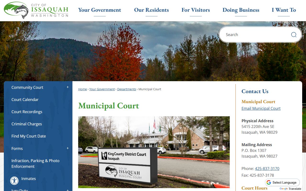 Issaquah Municipal Court homepage showing court docket access, scam alerts, and hearing resources