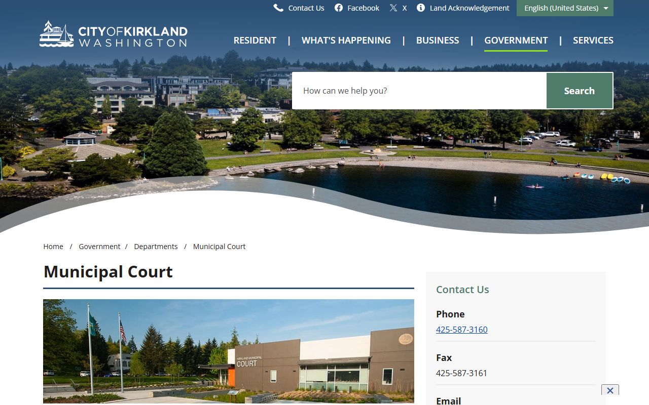 Kirkland Municipal Court homepage showing court docket access, hearing types, and contact information