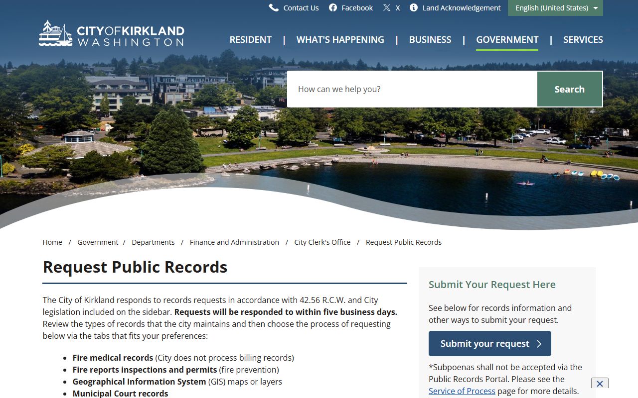 Kirkland public records request page for accessing court docket records and other Kirkland city records