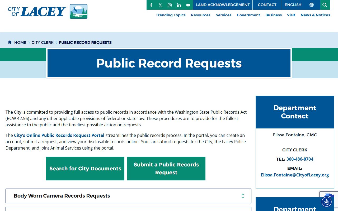Lacey public records request portal page