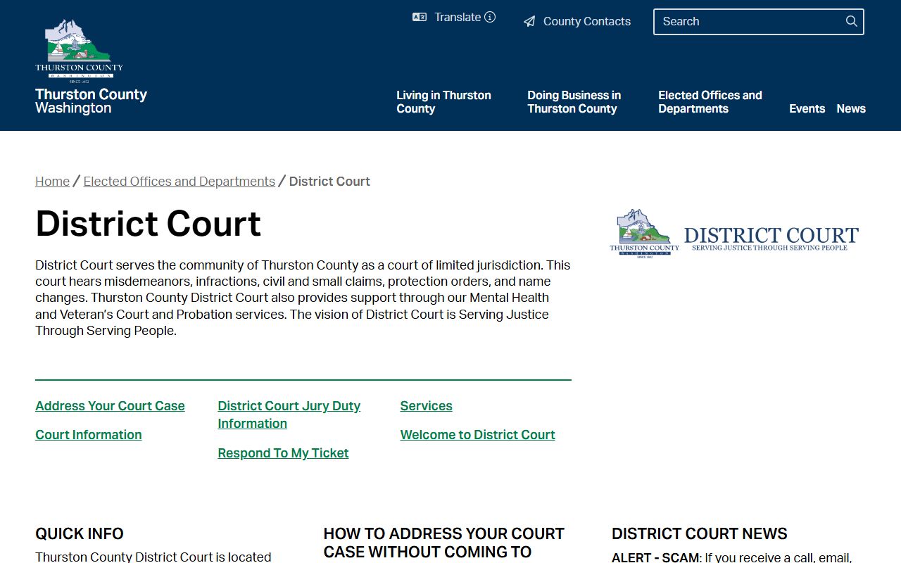 Thurston County District Court homepage for Lacey area cases
