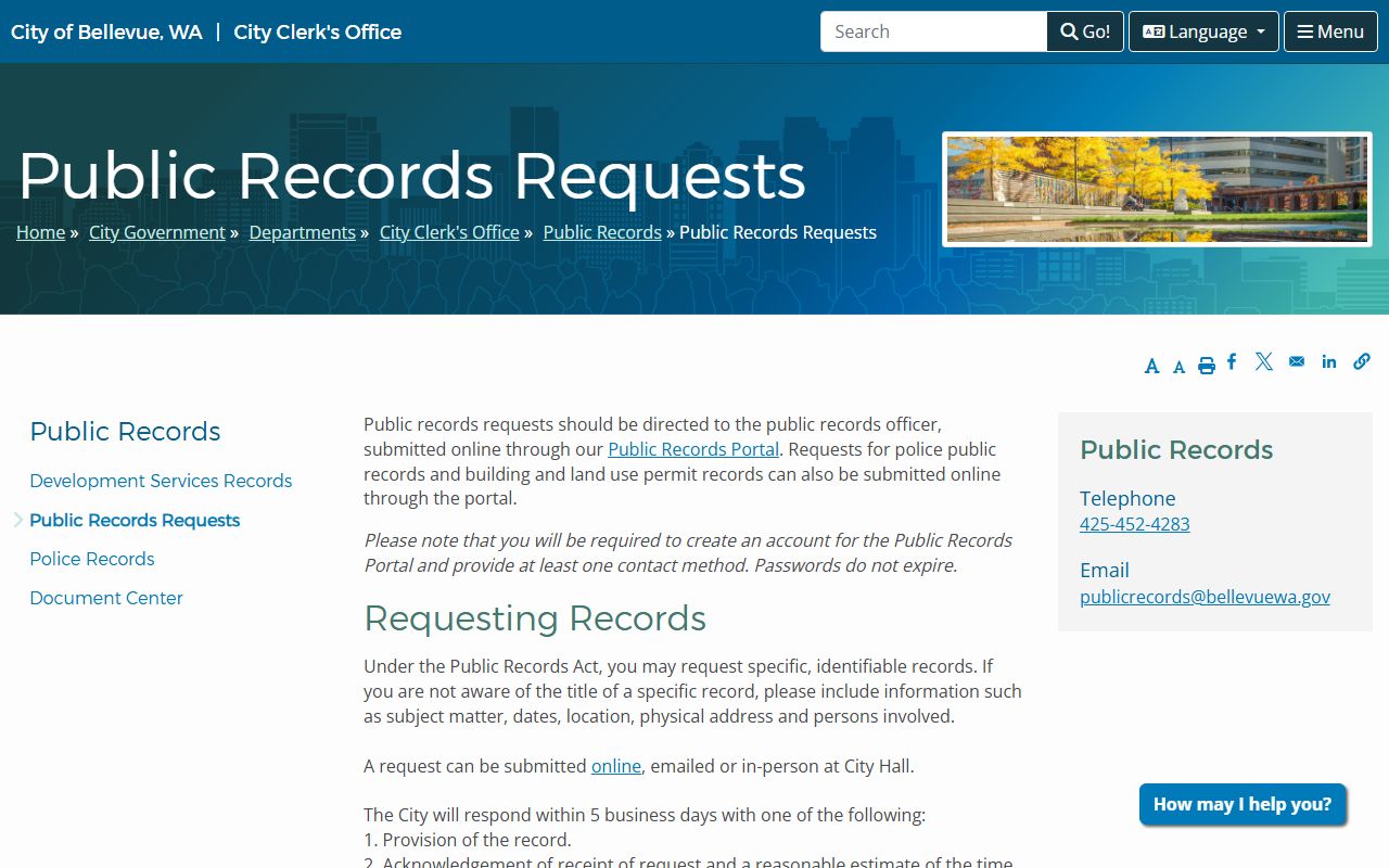 Bellevue Washington Public Records Portal login page for records requests