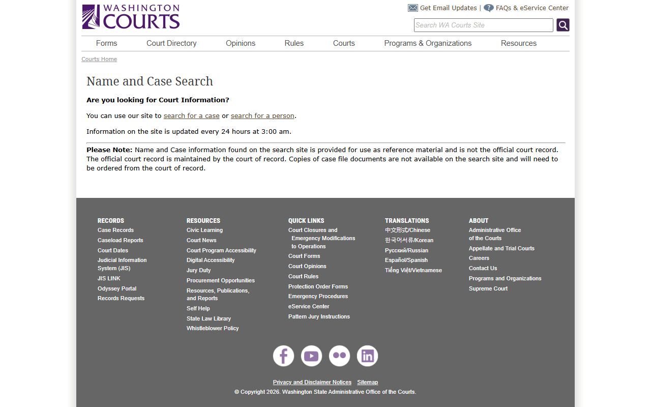Washington State courts name and case search interface for Bellevue docket lookup
