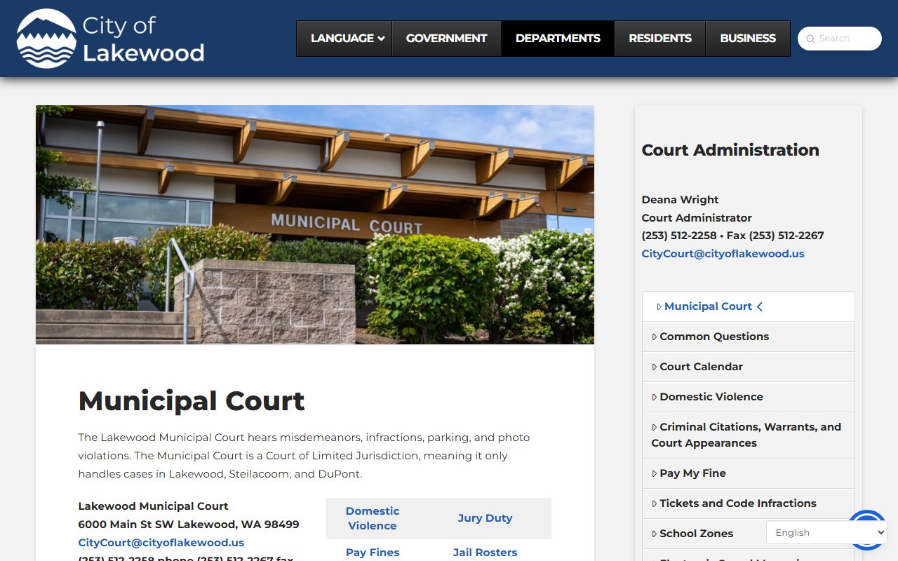 Lakewood Municipal Court homepage showing hearing schedule and docket access