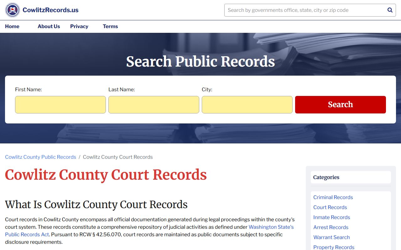 Cowlitz County court records overview page for Longview area cases