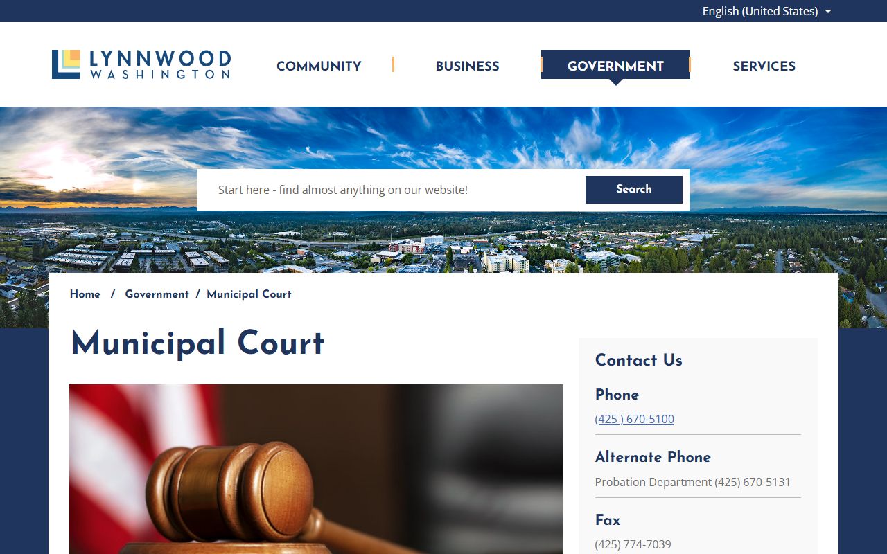 Lynnwood Municipal Court homepage showing court information and contacts