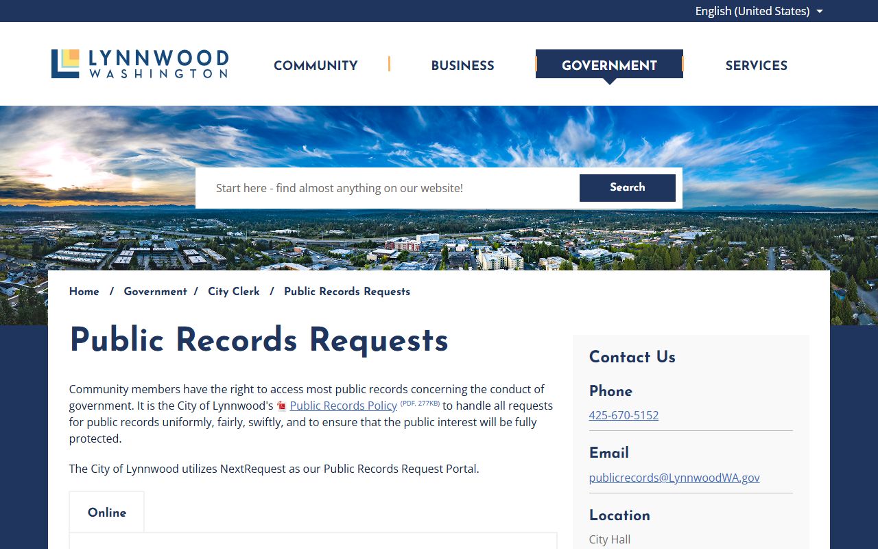 Lynnwood public records request page showing GovQA portal access