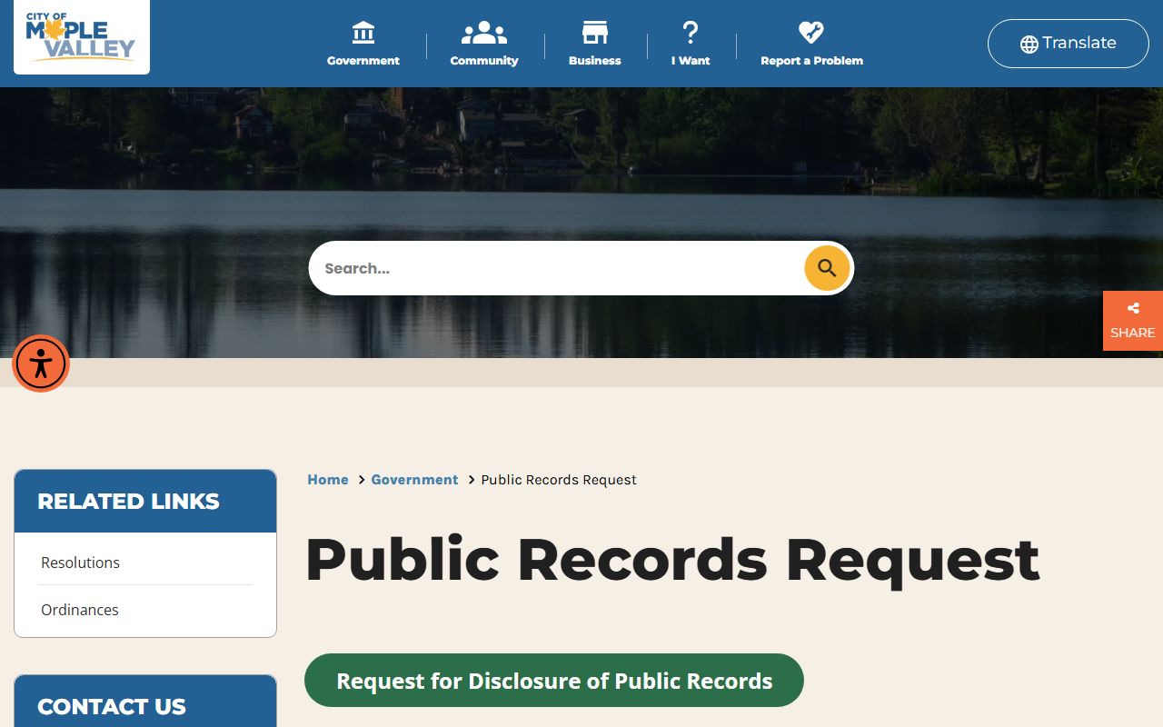 Maple Valley public records request page directing court records to Kent Municipal Court