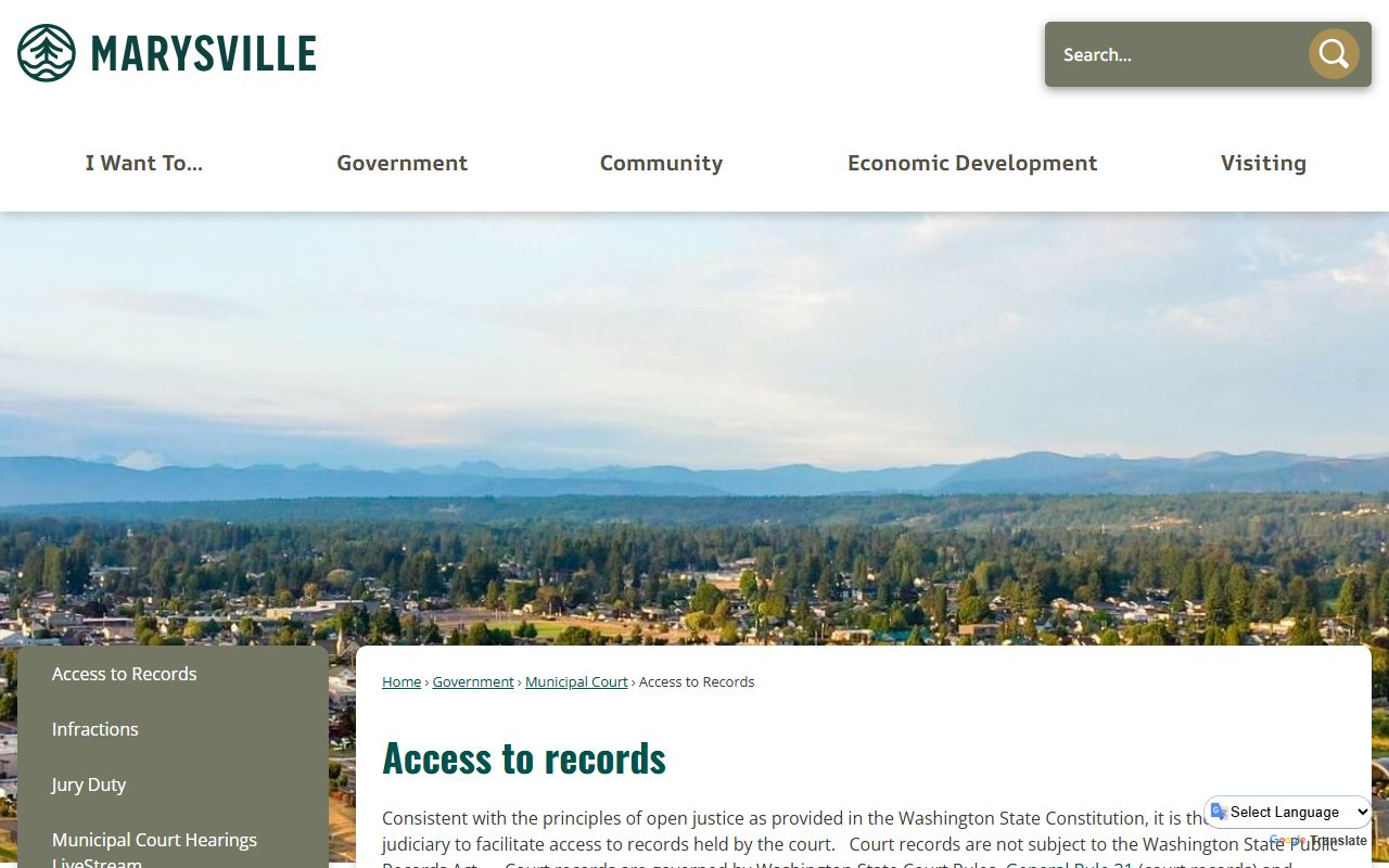 Marysville court records access page showing GR 31 request process