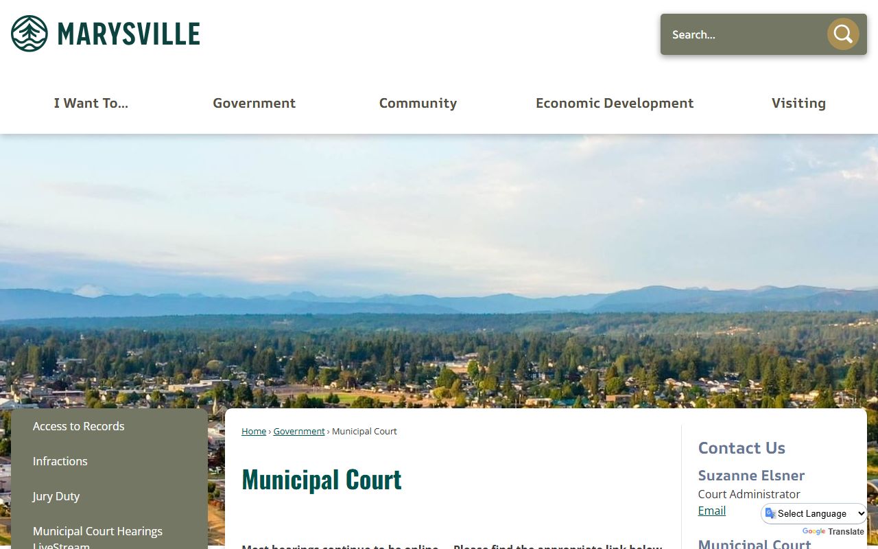 Marysville Municipal Court homepage with hearing calendar and case information