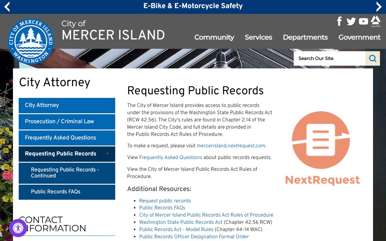 Mercer Island public records request page managed by the City Attorney