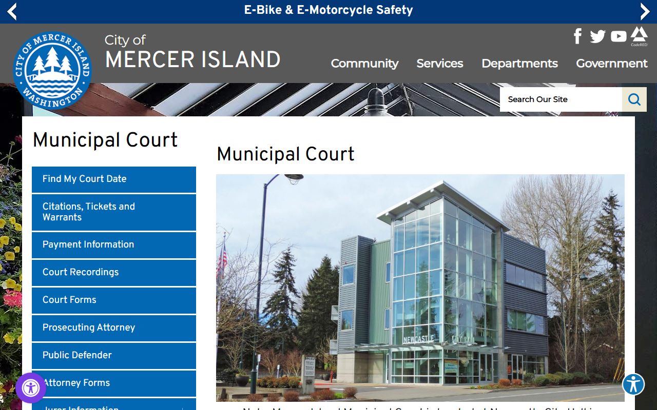 Mercer Island Municipal Court homepage showing Newcastle City Hall location