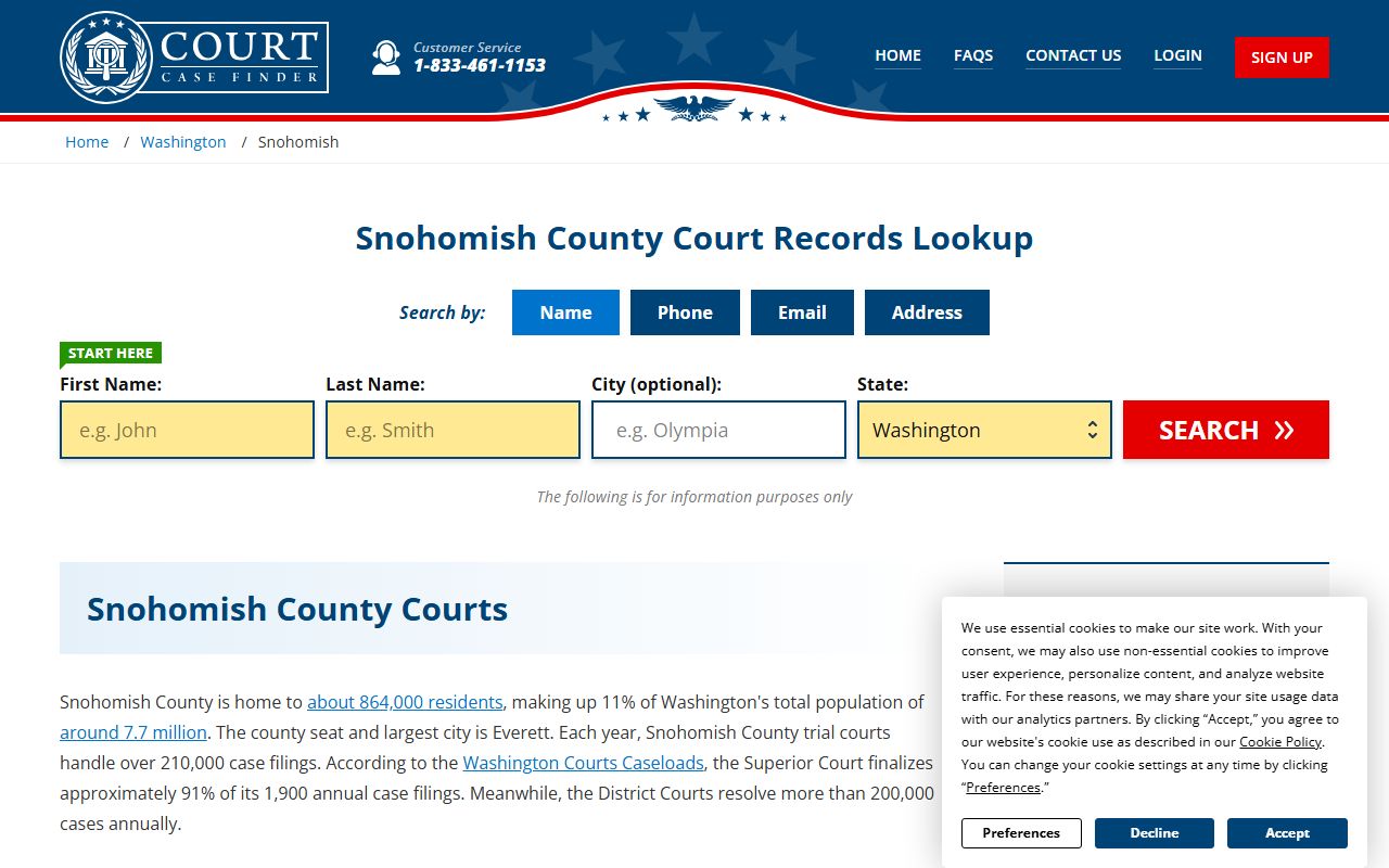 Snohomish County court records lookup page for Mill Creek East area
