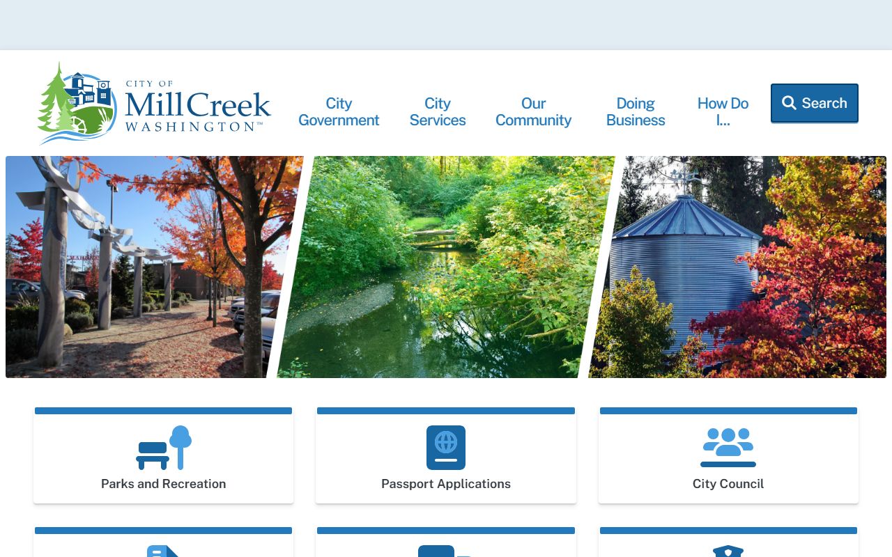 City of Mill Creek homepage showing the incorporated city distinct from Mill Creek East