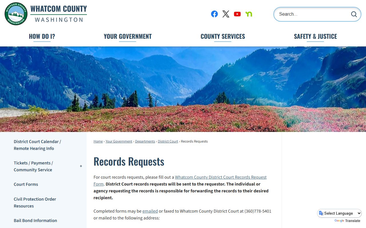 Whatcom County District Court records request page for Bellingham court dockets