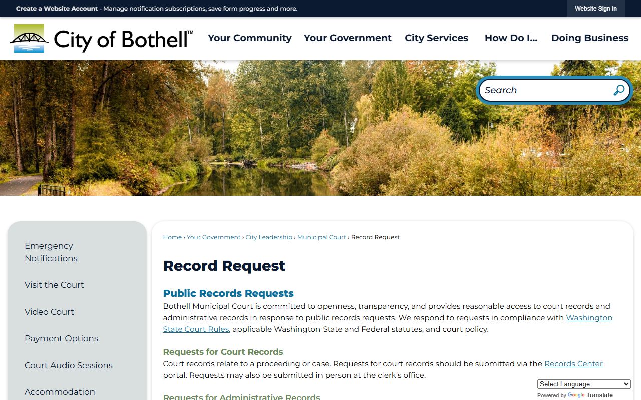 Bothell court docket records request page with submission form