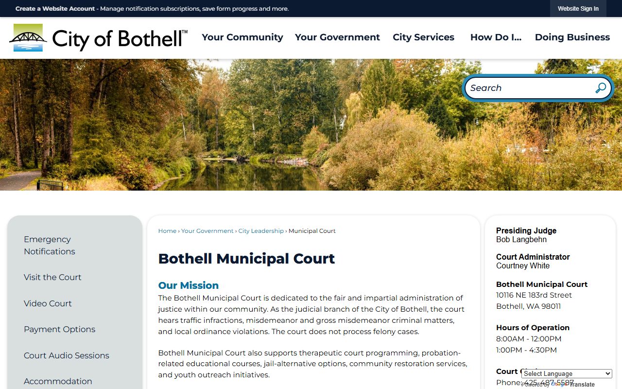 Bothell Municipal Court homepage showing court docket services