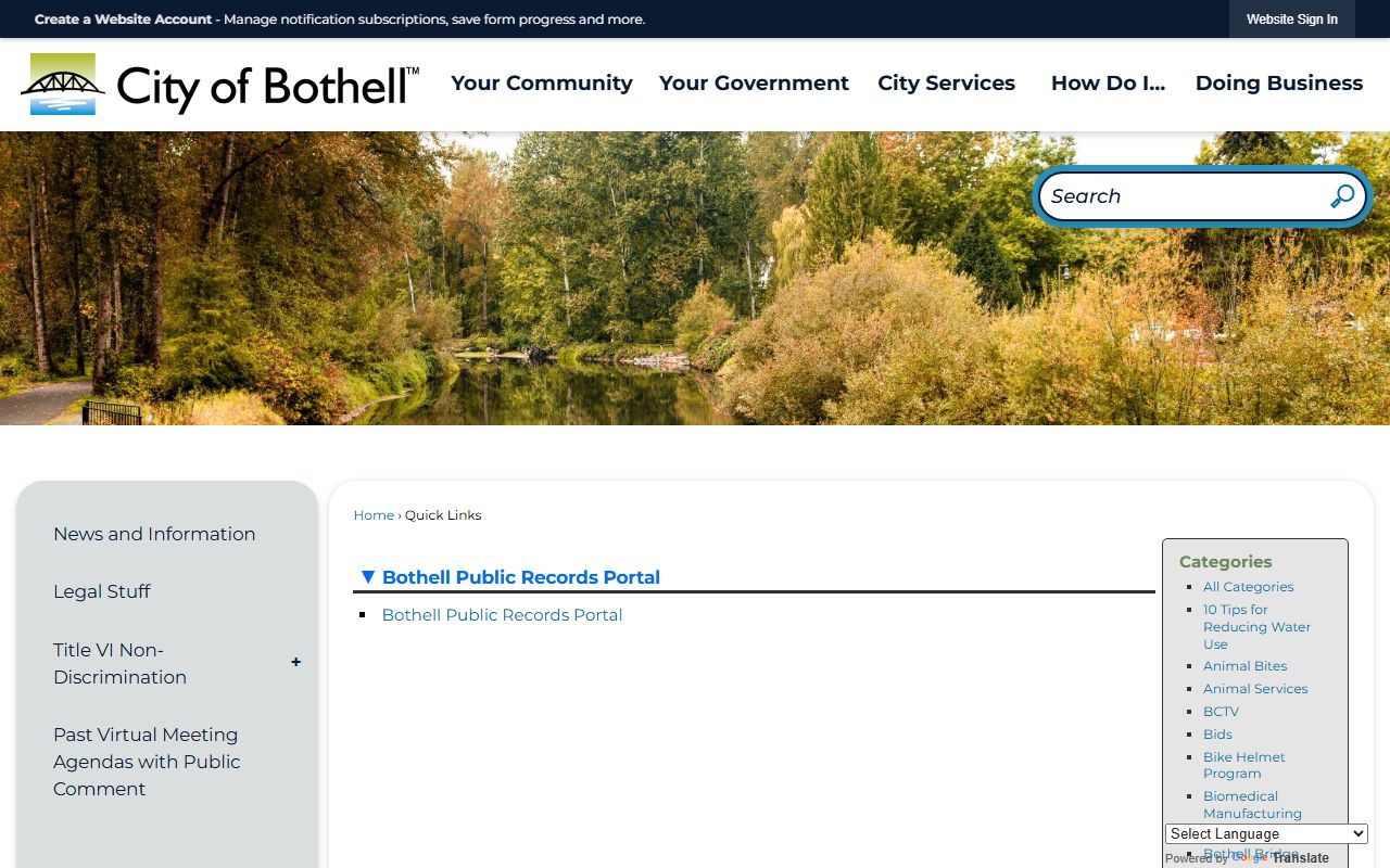 Bothell public records portal showing court docket links and city record categories