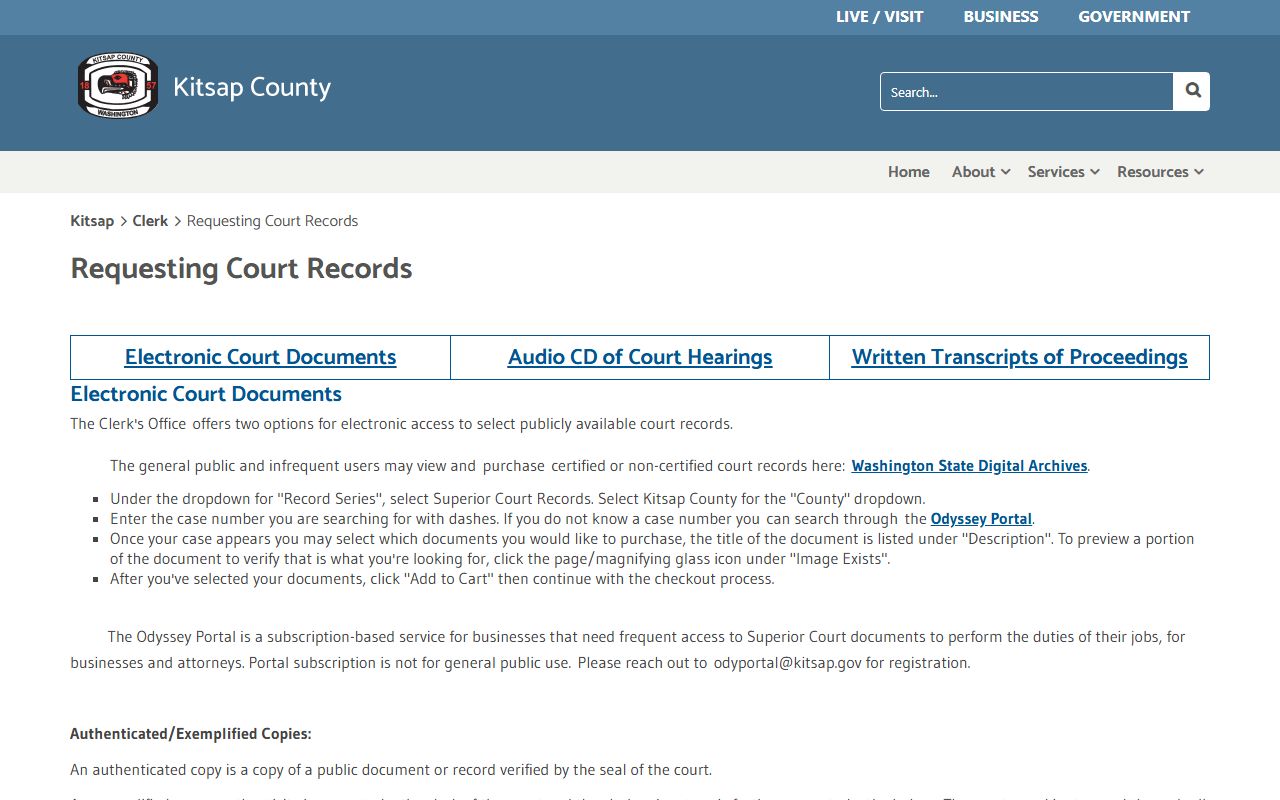 Kitsap County Clerk copy requests page for Bremerton court docket records