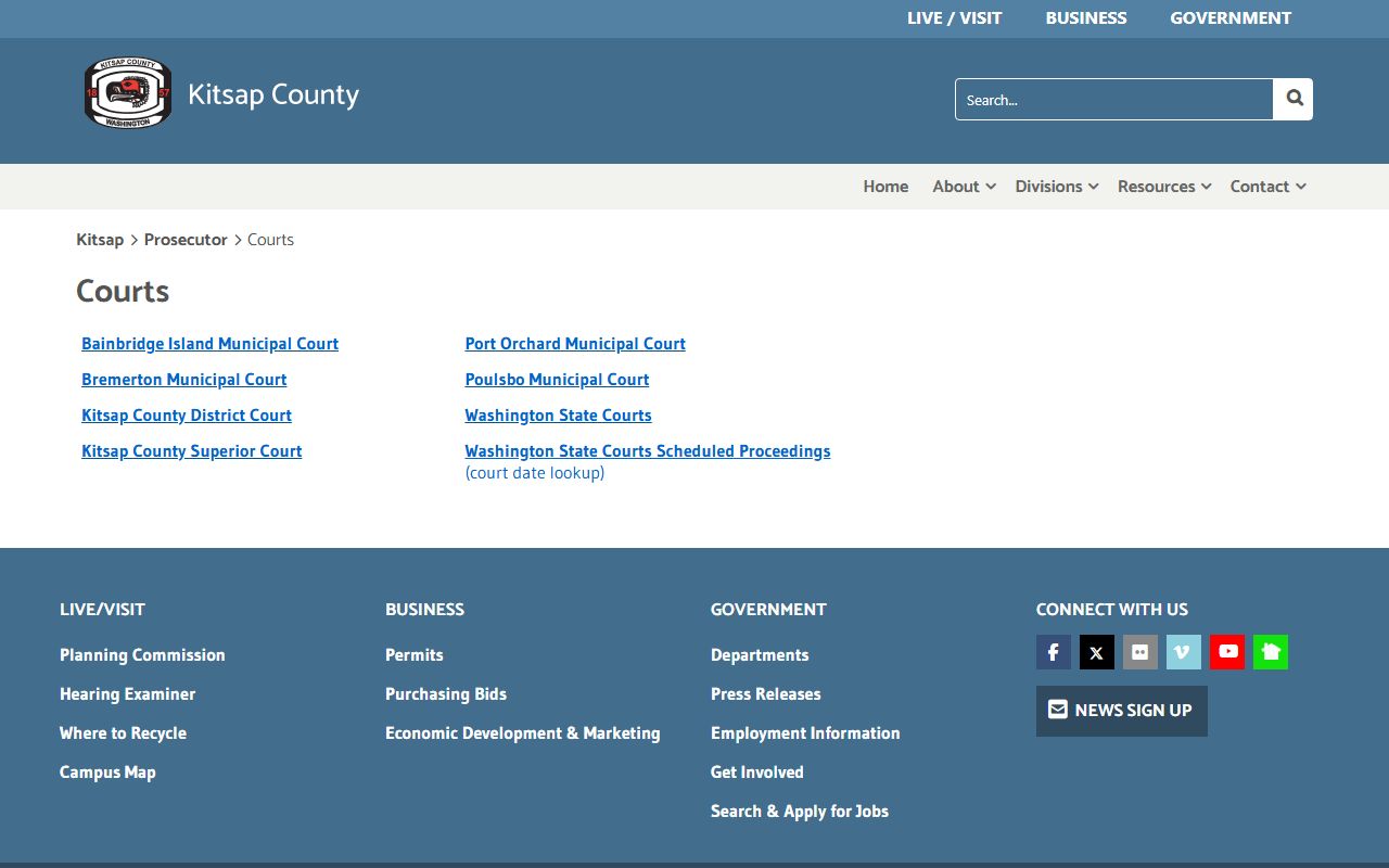 Kitsap County Prosecutor courts page listing Bremerton court docket access links