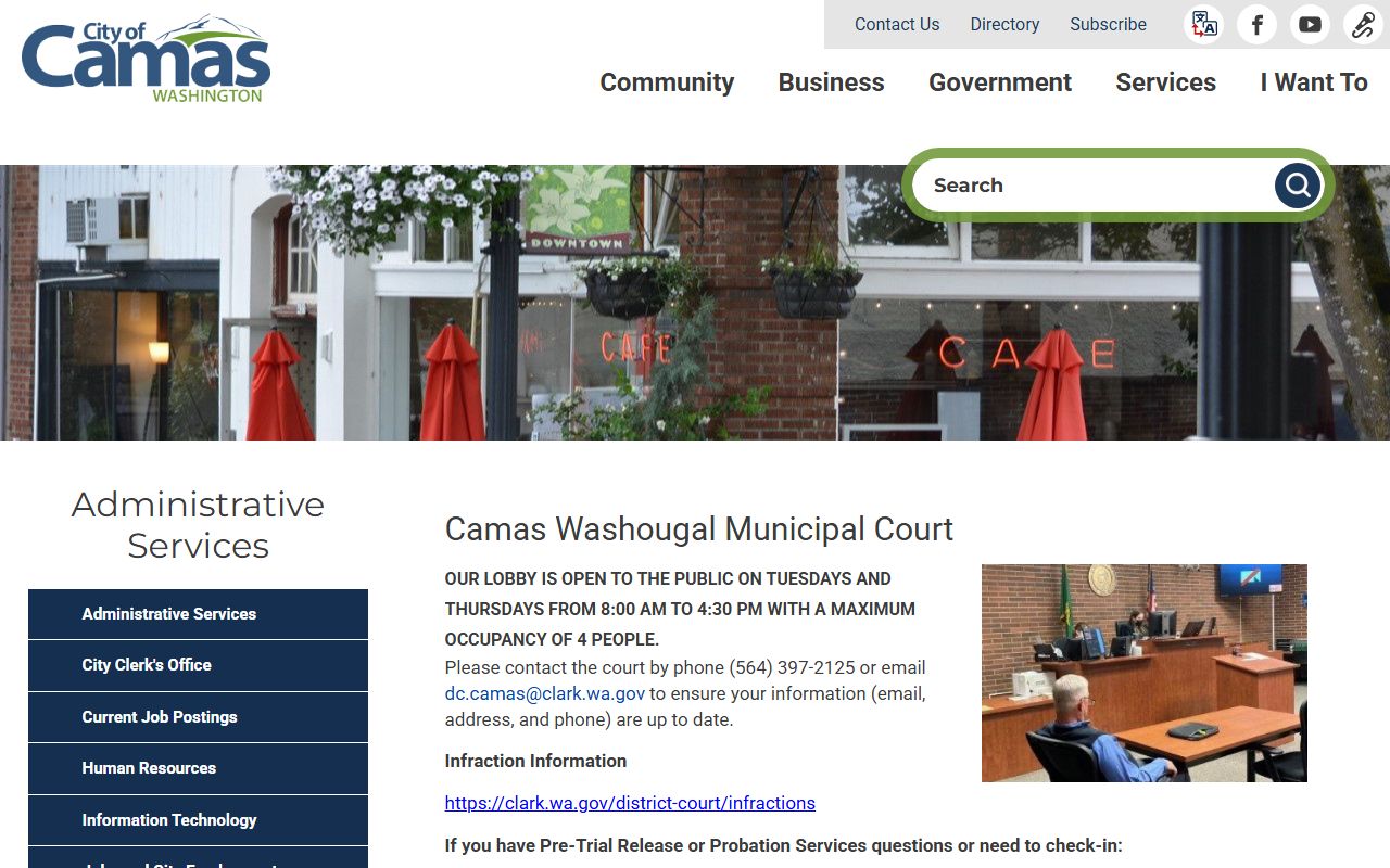 Camas Washougal Municipal Court page showing court docket and case filing resources