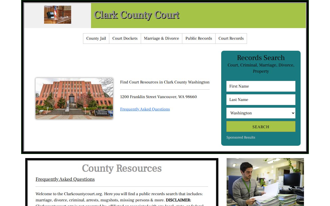 Clark County Superior Court homepage for searching Camas court docket records