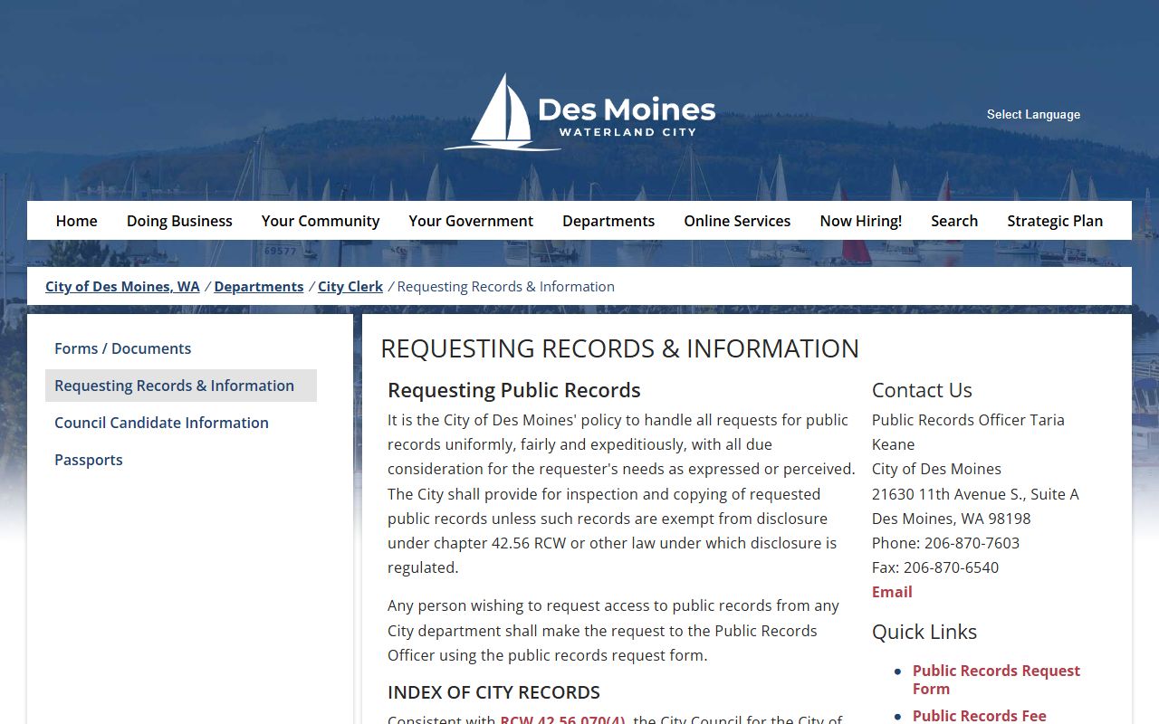 Des Moines public records request page showing city records access separate from court dockets