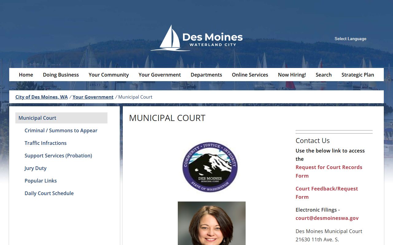 Des Moines Municipal Court page showing court docket resources and records request tools