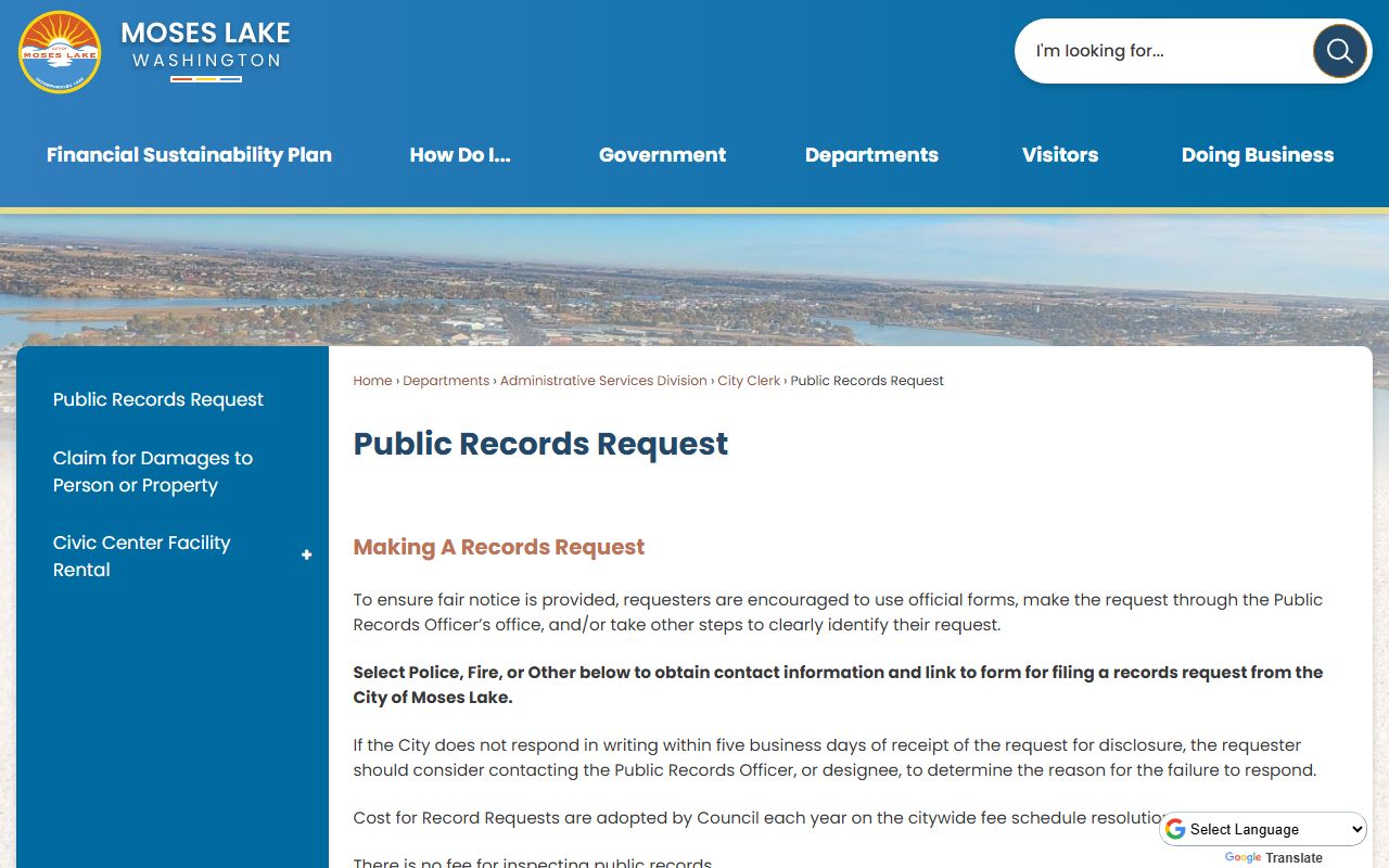 Moses Lake city public records request portal with department selector