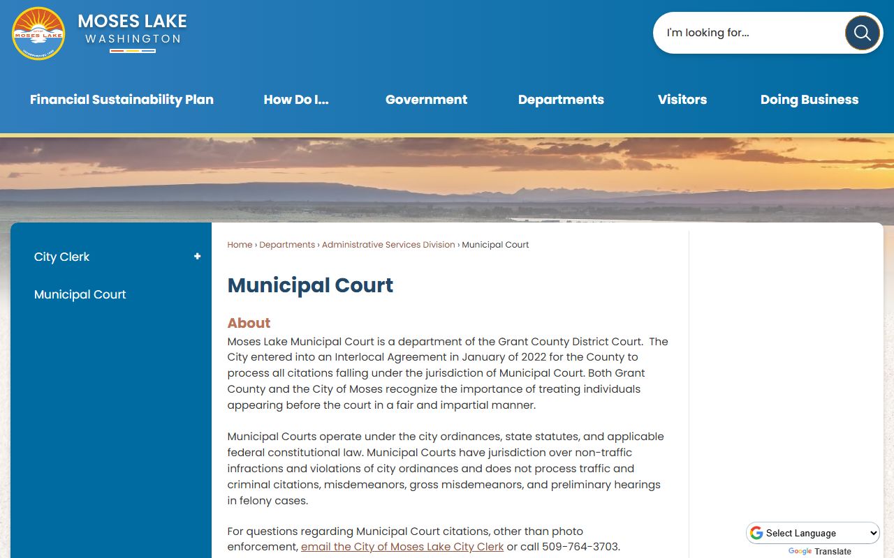 Moses Lake Municipal Court page showing Grant County District Court Interlocal Agreement