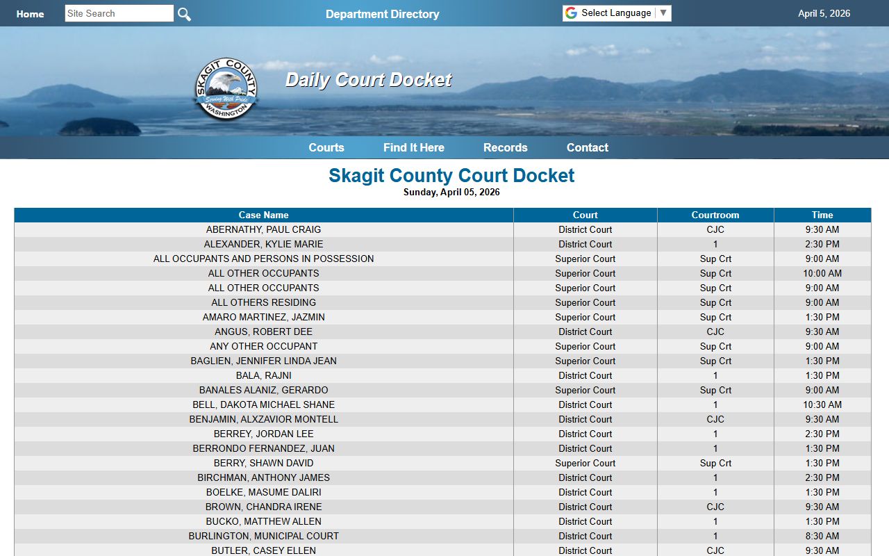 Skagit County court display boards showing daily dockets for Mount Vernon area courts