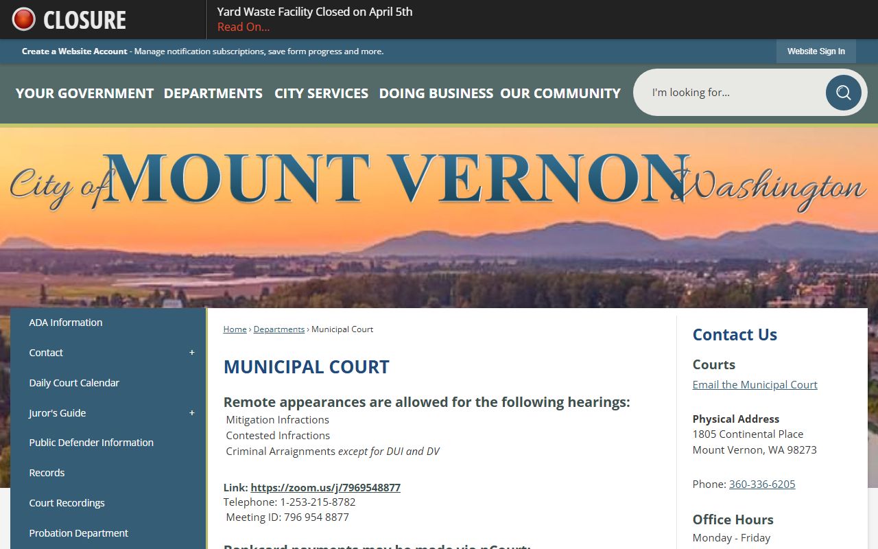 Mount Vernon Municipal Court page with Zoom hearing access and payment details