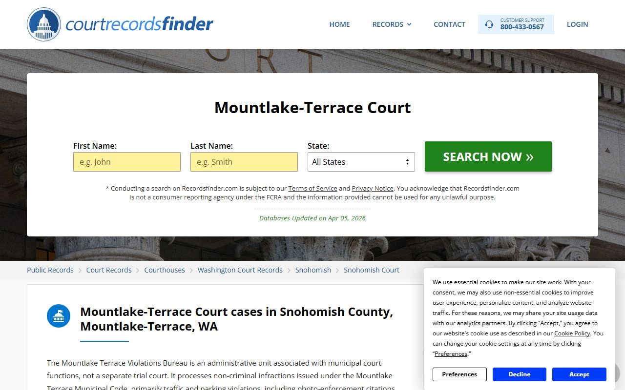 Mountlake Terrace Violations Bureau court locator page with address and map