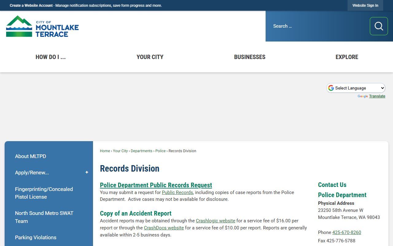 Mountlake Terrace Police Records Division page with Violations Bureau payment instructions