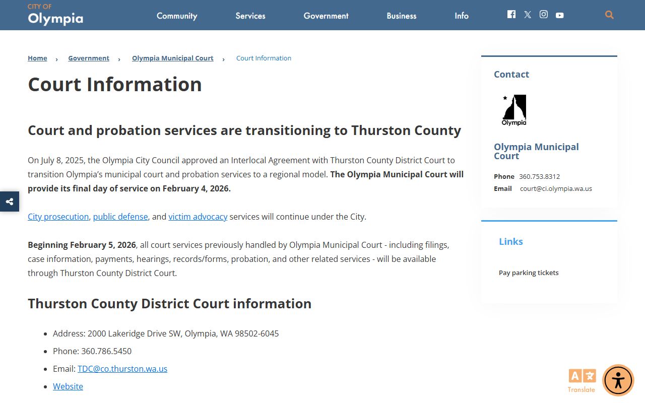 Olympia Municipal Court transition announcement showing February 2026 transition to Thurston County District Court