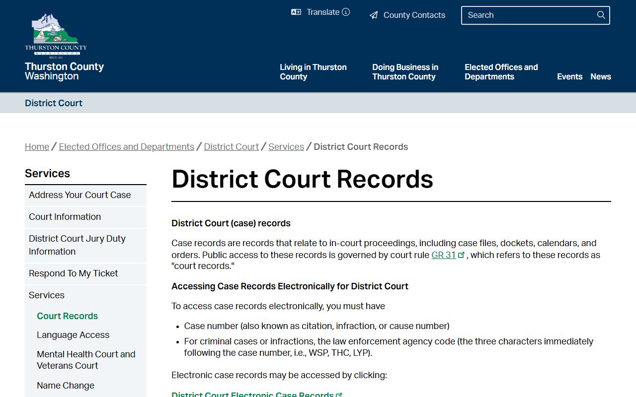 Thurston County District Court records request page for Olympia area cases