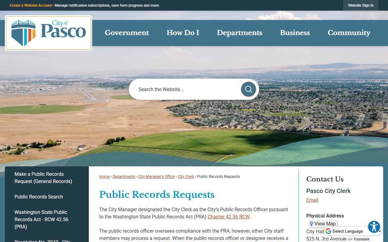 Pasco public records portal page for requesting general, police, and court records