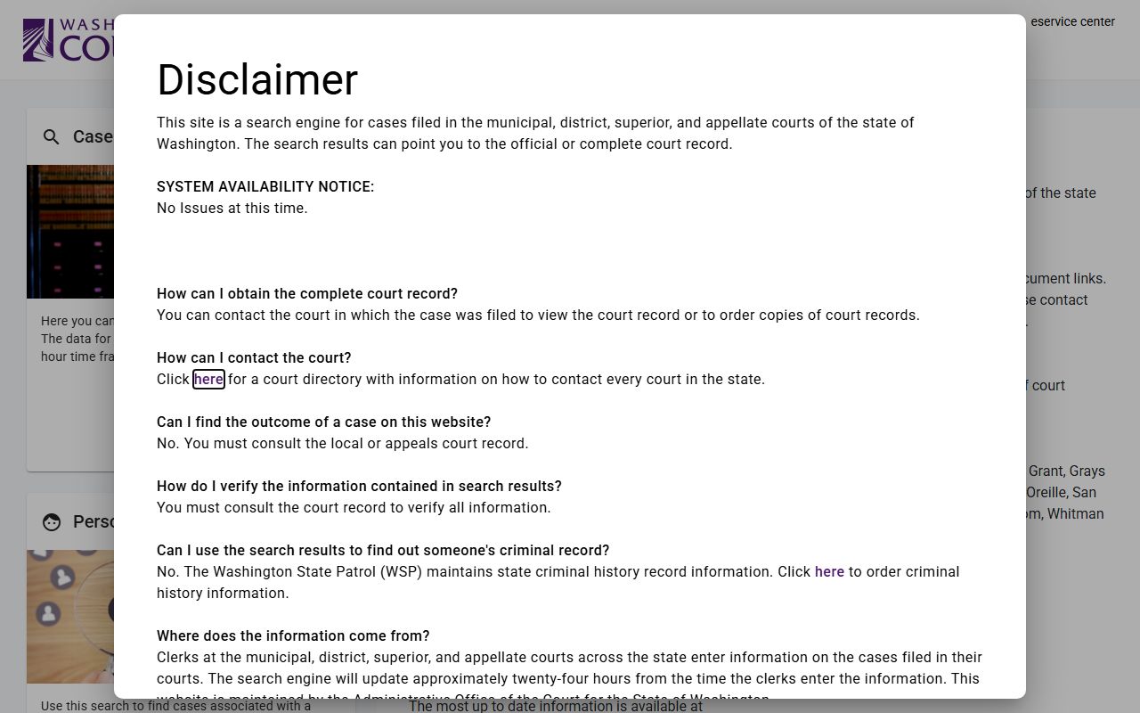 Washington Courts statewide case search portal for finding Pasco and Franklin County cases