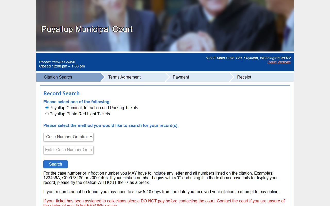 Puyallup nCourt portal showing case search and online payment options