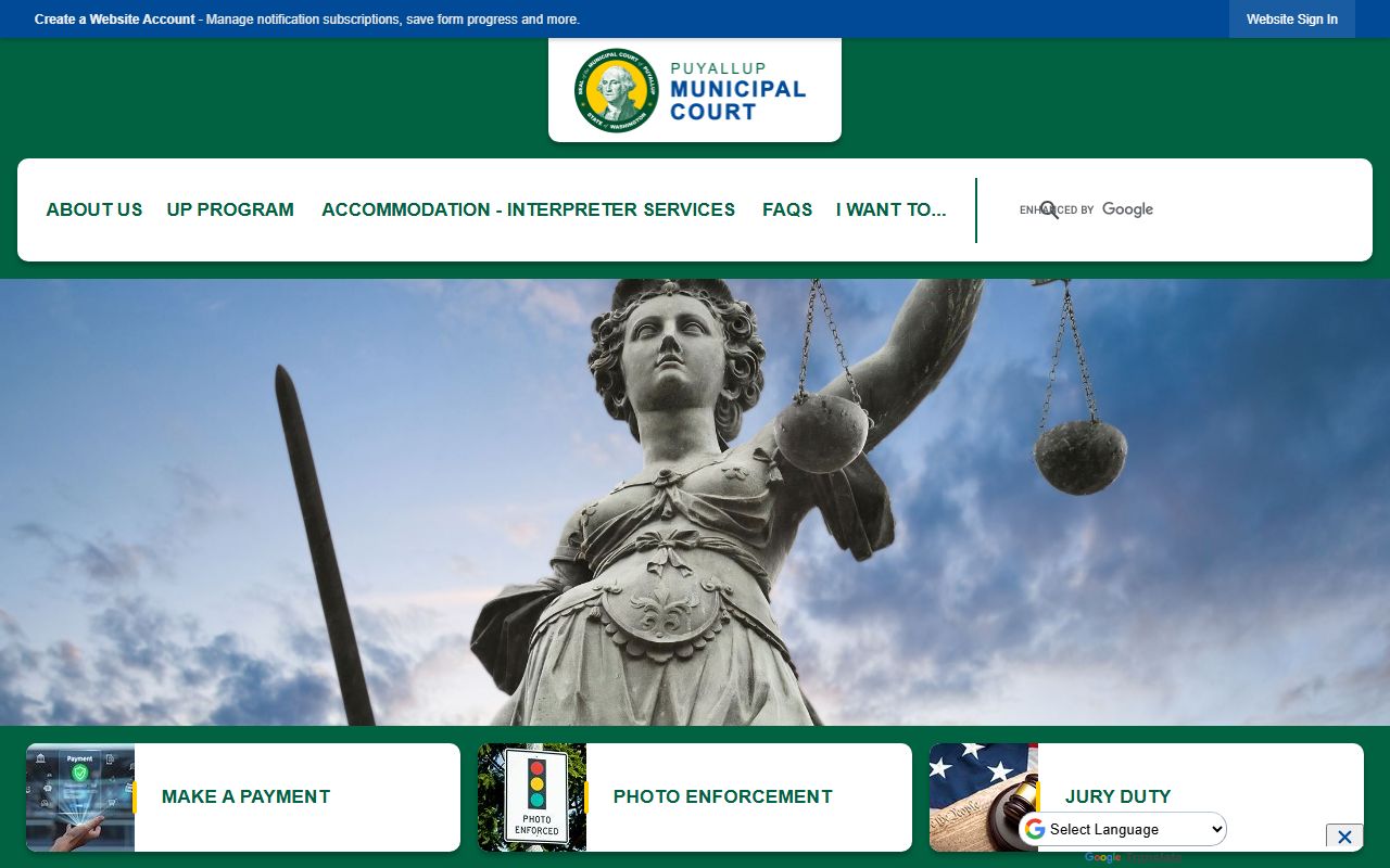 Puyallup Municipal Court homepage showing hearing calendars and court information