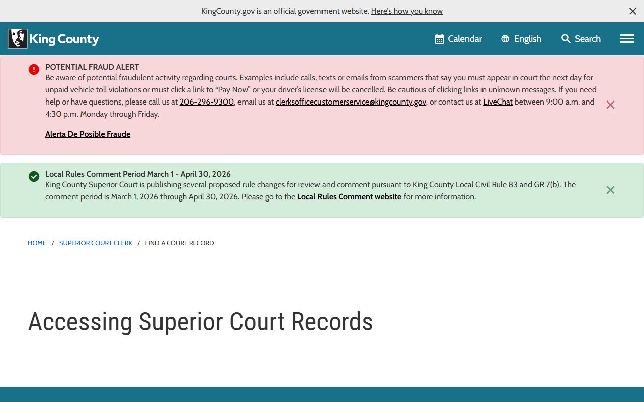 King County Superior Court Clerk records access page for Redmond case records