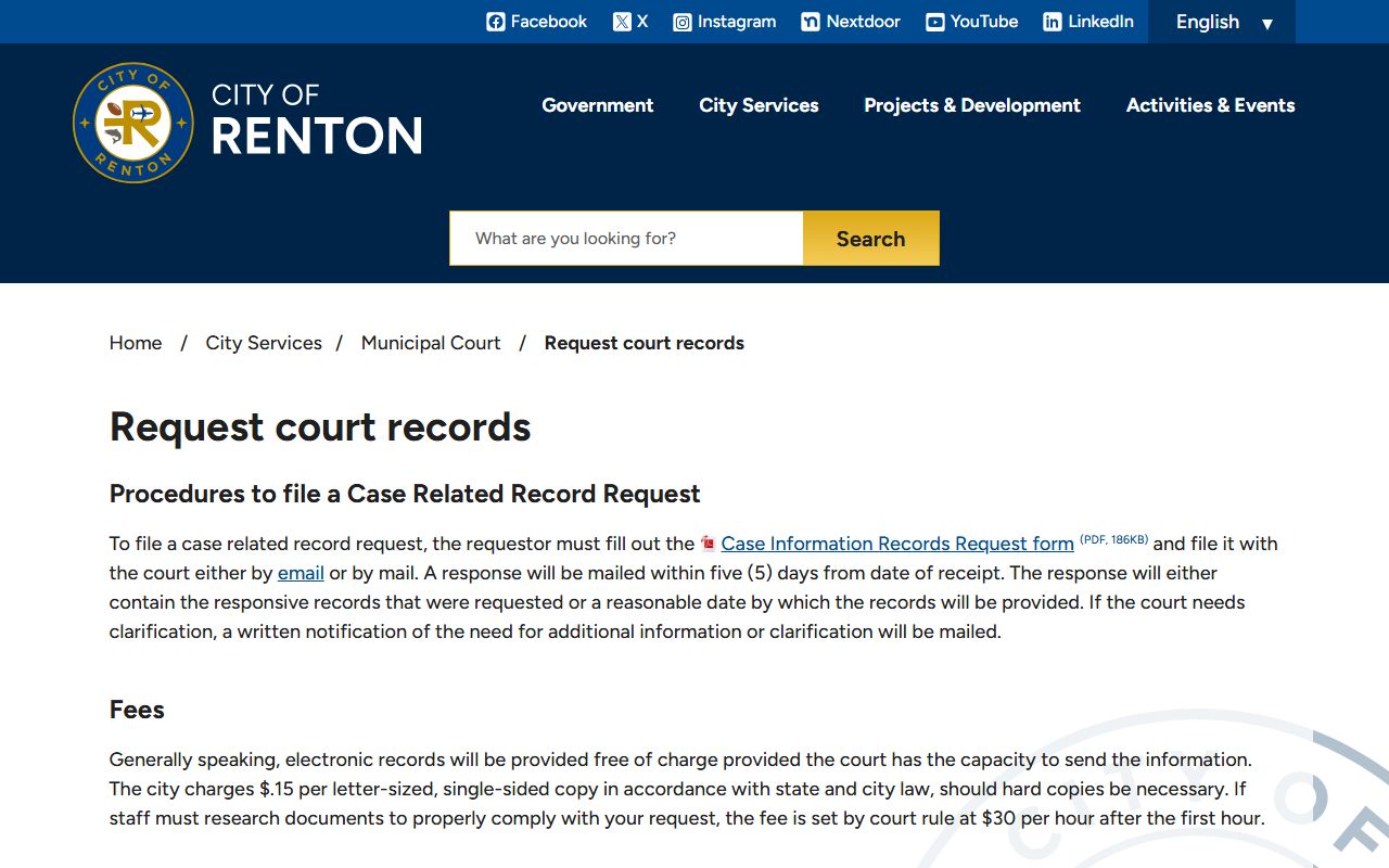 Renton Municipal Court records request page