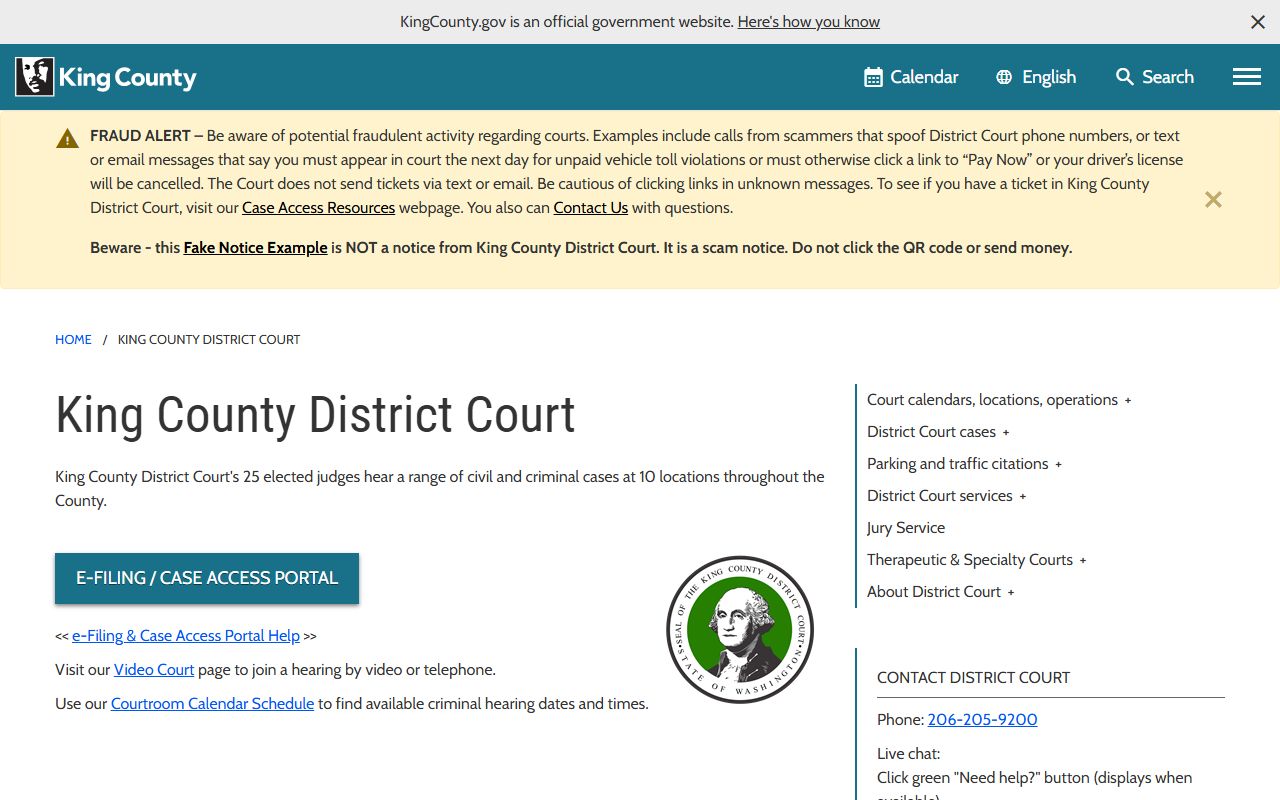 King County District Court overview page showing Sammamish court docket information